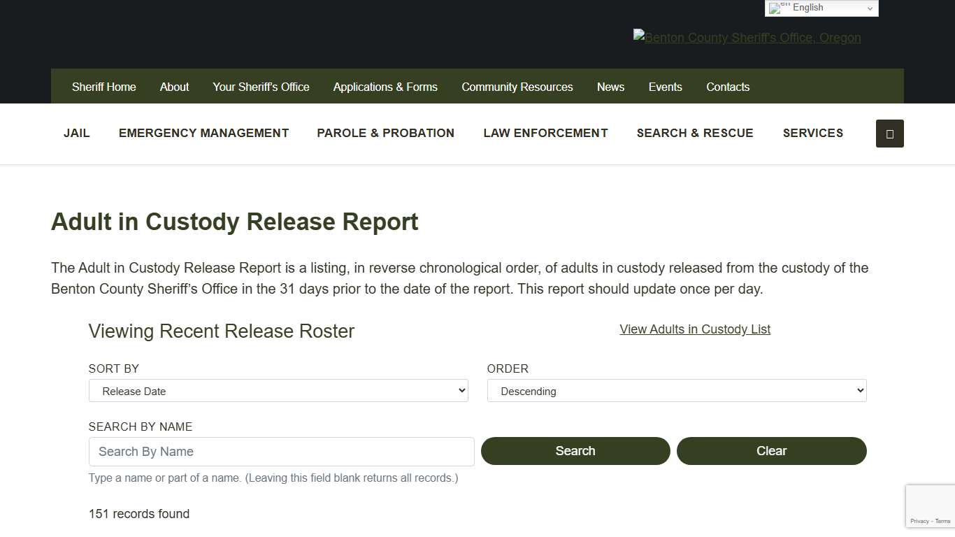 Adult in Custody Release Report - Benton County Sheriff's Office, Oregon