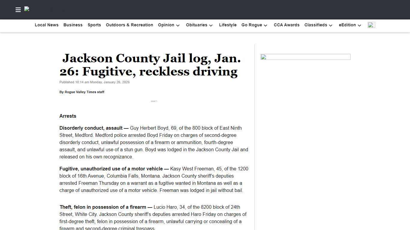 Jackson County Jail log, Jan. 26: Fugitive, reckless driving Rogue Valley Times